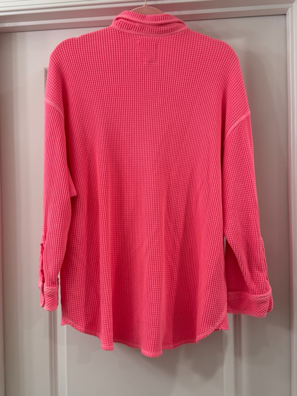 Aerie Lumberjane Waffle Shirt Shacket Coral Sun Neon Pink Oversized Small - Picture 4 of 12